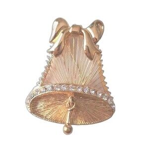 Monet Christmas bell brooch/pin Gold Tone Sparkly